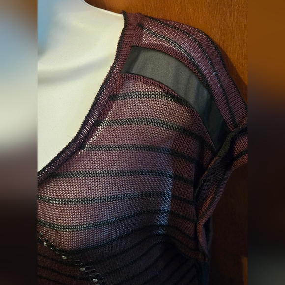 BONGO Black & Burgundy Striped Sheer Short Sleeve Skull Tee SzXL - Picture 5 of 7